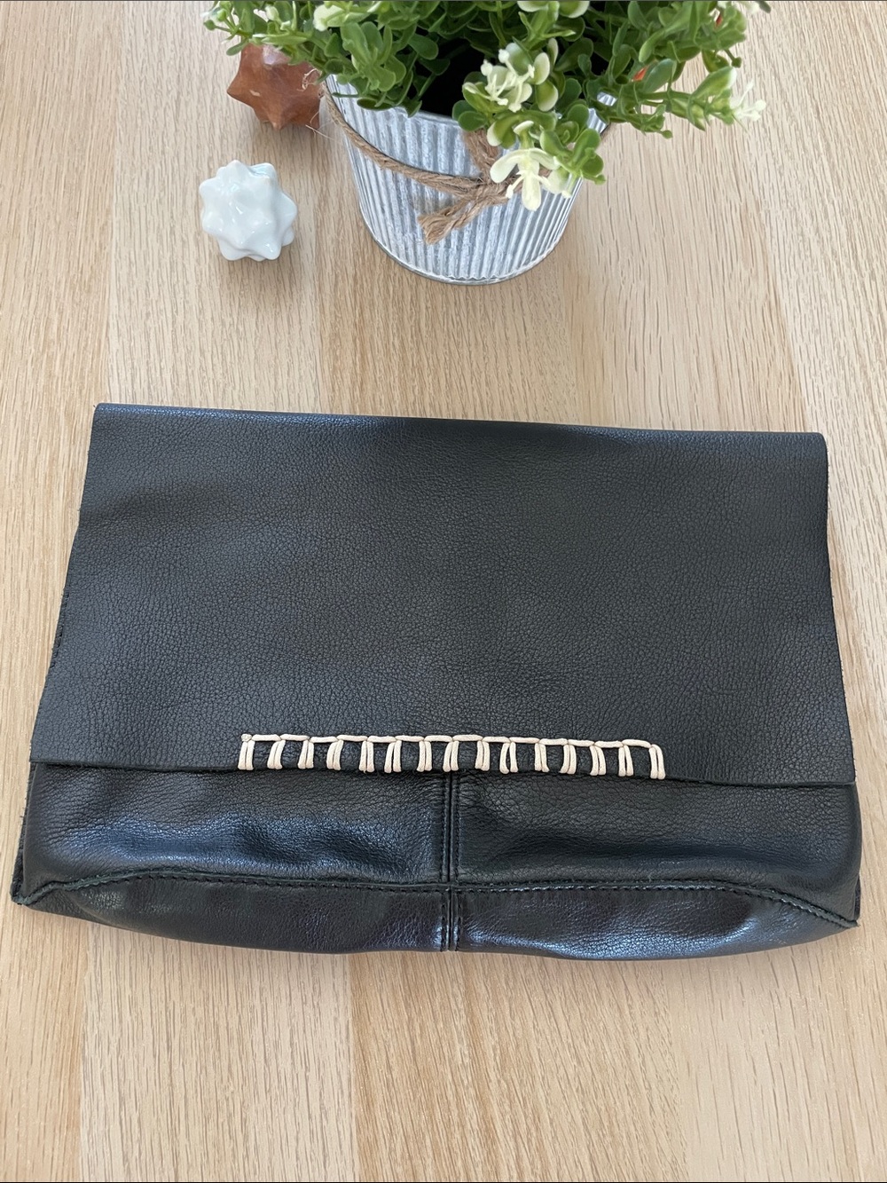 Anthropologie Black Fold-Over Clutch with Cream Stitching